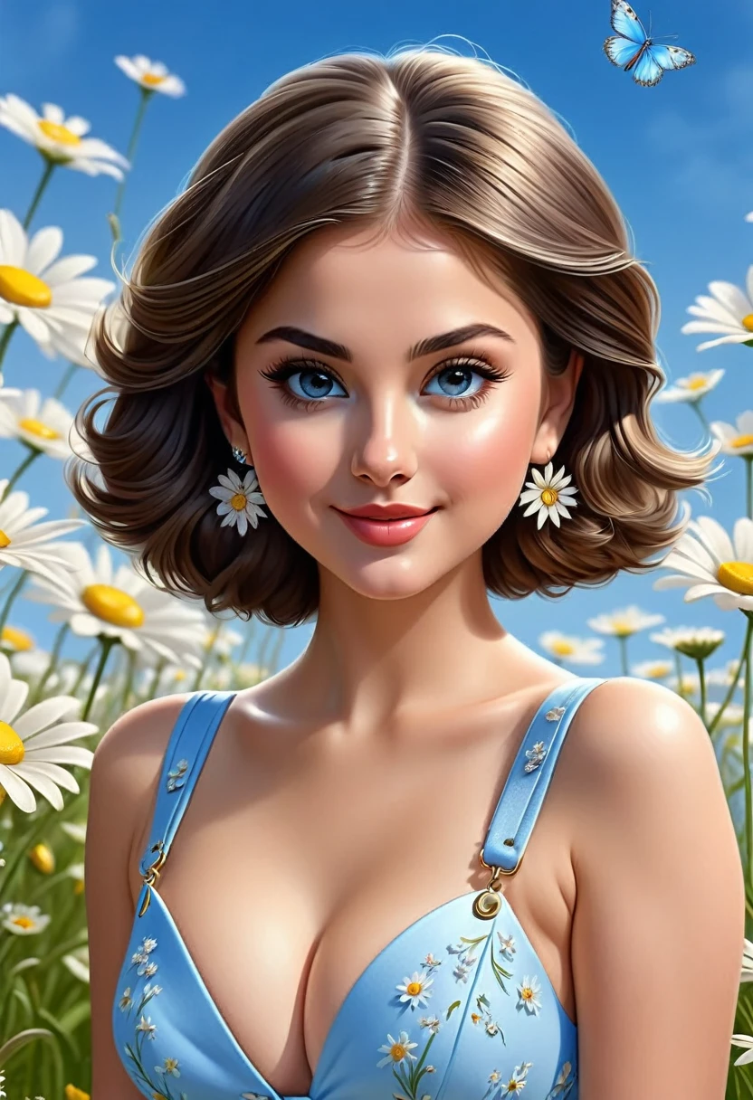 nose piercing, standing, jewelry, BABY-BLUE jumpsuit (insanely detailed, beautiful detailed face, masterpiece, best quality), cleavage, piercing blue eyes. TWIN-TAILS. BEAUTIFUL COMBO OF SELENA GOMEZ AND ALISON BRIE. dd-cup sized breasts. short and dainty. happy, smiling cheerful face. Skipping in a magical meadow of daisies. Magical realism. 1950s Panovision 70. 4K Ultra HD, Extreme Detail And Intricate Realism. Stunning 2D Vector Detailed clear. lifelike.