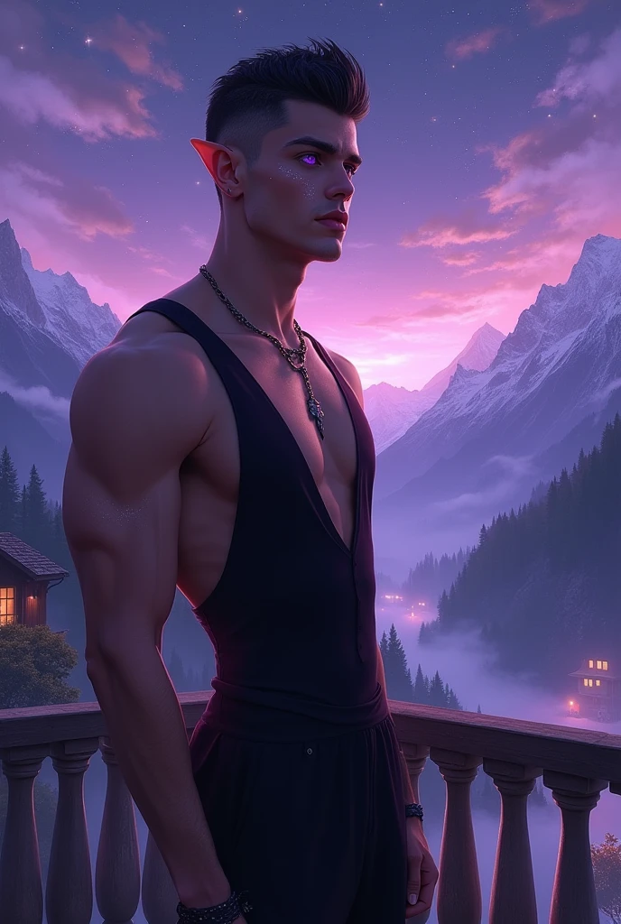 A picture of an extremely handsome man, with purple eyes, full lips, masculine, muscular, marked jaw, with pointed ears, black dress, On a balcony, purple night, star showers and a background similar to the mountains of Switzerland, glowing home light, with sparkles on the face