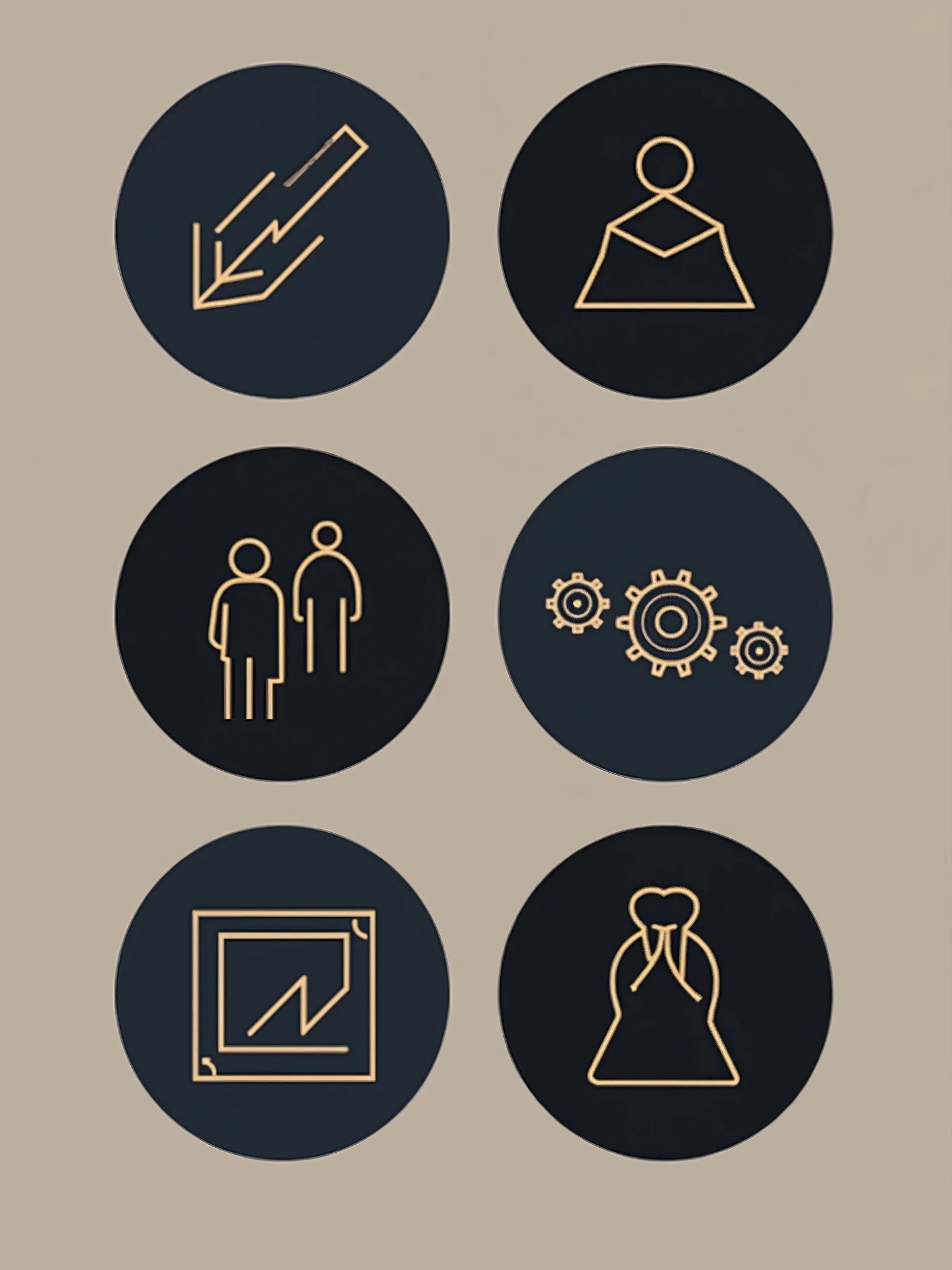 Create five prominent icons for the "Bomba" agency's Instagram profile. Icons must be visually impactful and aligned with the brand's sophisticated identity. Use the brand's color palette and maintain a cohesive, modern style. Features of Highlights: General Theme: Style: Modern, elegant and minimalist, with geometric shapes or stylized icons. Shape: Use clear and simple shapes that well represent the content of each highlight. Colors: Main Color: Black (#000000) for backgrounds or main elements. Accent Color: Gold (#C9B037) for accents and details. Secondary Colors: Navy Blue (#1A1A40) and Dark Gray (#2E2E2E) to complement. Additional Details: Silver (#C0C0C0) for subtle touches. Highlight Icons and Titles: 1. Start Here Icon: An icon of arrows or a pointing hand, symbolizing beginning or guidance. Color: Black background (#000000) with gold icon (#C9B037). 2. Portfolio Icon: An image gallery icon or folder, representing your work. Color: Navy Blue background (#1A1A40) with Silver icon (#C0C0C0). 3. Customers Icon: An icon of silhouettes of people or a group, representing customers or staff. Color: Dark Gray Background (#2E2E2E) with Gold icon (#C9B037). 4. Services Icon: A gear or tools icon, symbolizing the services offered. Color: Black background (#000000) with gold icon (#C9B037). 5. Contact Icon: An envelope or telephone icon, representing communication and contact. Color: Navy Blue background (#1A1A40) with Silver icon (#C0C0C0). Format and File: Format: Create the icons in a square format (1080x1080 pixels) and save in PNG to ensure transparency. Resolution: High resolution to ensure clarity at smaller sizes on Instagram. Design and Cohesion: Cohesion: All icons should have a consistent visual style to create a uniform, professional appearance. Readability: Ensure icons are clear and easily recognizable even at smaller sizes.