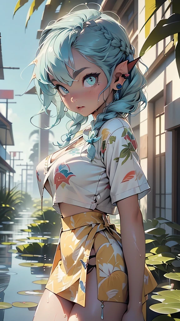 alien girl,(((1girl))),((beautiful alien girl)),
alien fish girl,(huge eyes:1.5),(((ear fins:1.5))),(((scaly skin:1.5))),((monster_girl)),
(light blue hair:1.5), long hair, (((braids hair:1.5))),
(glowing eyes),((heterochromia:1.5, (green_eye and blue_eye))), (((black sclera:1.5))),symmetrical eyes,(large breasts:1.4),saggy breasts,((colored inner hair,)),((fat)),(((lustrous skin:1.5,bright skin: 1.5,skin tanned,shiny skin,very shiny skin,shiny body,plastic glitter skin,exaggerated shiny skin,illuminated skin,wet legs))),(spider lower abdomen,narrow waist,wide hip,athletic body,inflated legs, thick thighs,detailed body,(detailed face)),
cute,slutty,seductive,erotic,((nsfw)),
zettai ryouiki,revealing clothing,show skin,((wearing underwater scale shirt with an yellow print,scale mini-skirt,visible thong straps)),((underpants strap)),(wearing a underwater scale outfit:1.3,underwater atlantis clothes,semi-naked,with little clothing),(((wet clothes,intricate outfit,intricate clothes))),
(dynamic pose:1.0),solo focus,embarrassed,(centered,scale to fit dimensions,Rule of thirds),
outdoors, ocean, (ocean in the background), scenery, extremely scenery, (puddles everywhere, moss, moss on the bottom), clouds, water lilies, palm trees, reeds, (sunset, golden hour),(egyptian palace background,pyramids in the background),
(Glossy atlantis ornaments),highres,sharp focus,(ultra detailed,extremely detailed),(photorealistic artwork:1.37),(extremely detailed CG unity 8k wallpaper),(((vibrant colors,vibrant theme))),(intricate),(masterpiece),(best quality),artistic photography,(photography taken by sldr),(intricate background),perfect rendered face,perfect face details,realistic face,photo realistic,((intricate detail)),(((realism))),