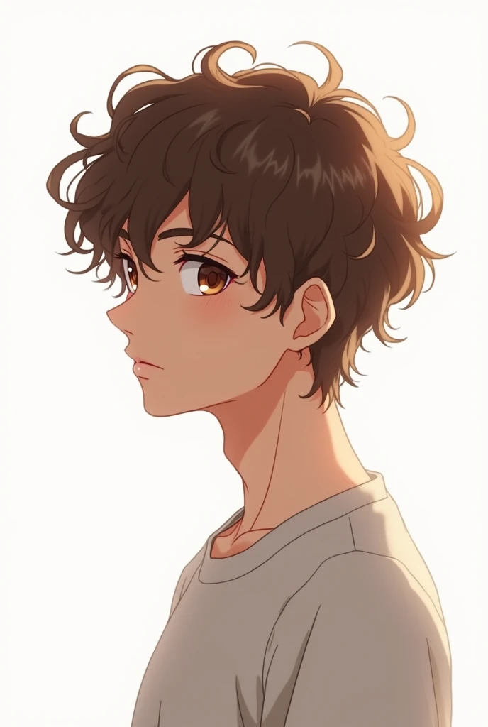 I want you to create an anime image of a curly haired guy with an all white background.