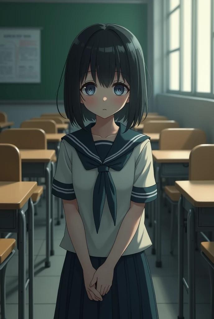 Short black hair girl in school uniform sad and distant from her friends. with class background 