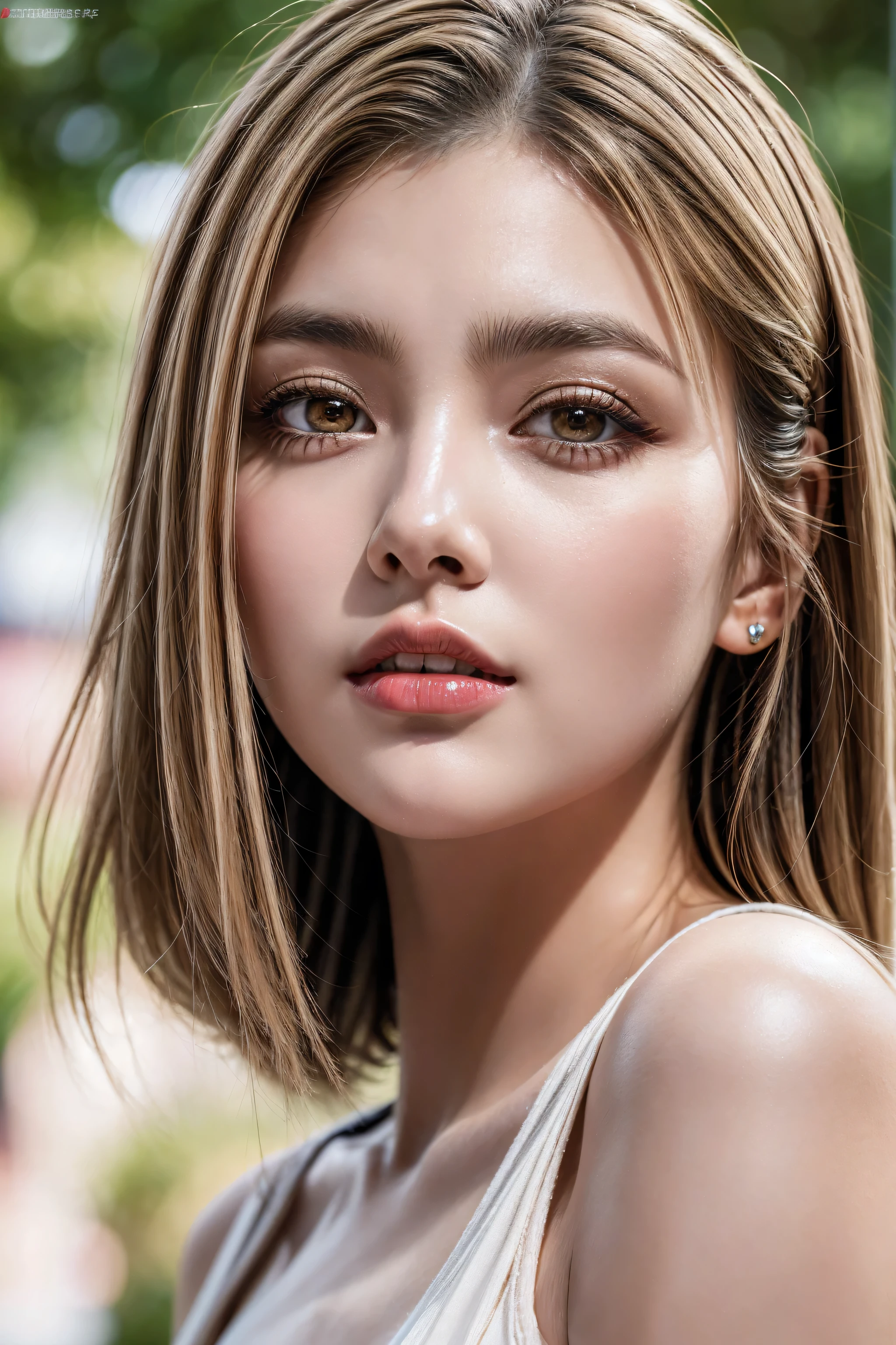 (Make your subject look three-dimensional with the contrast of light and shadow)), Realism, Realistic, ultra realistic details: velvety skin, blonde short slicked to the side hair, symmetrical lips, light glossy red_lipstick, long blue_eyelashes, pupils, BREAK, Caucasian model of, masterpiece, top quality, raw photo, photorealistic, face, incredibly ridiculous, beautiful girl, cute, detailed eyes, arranged hairstyle, depth of field, high resolution, ultra detail, fine detail, highly detailed, highly detailed eyes and face, sharp pupils, realistic pupils, sharp focus, cinematic lighting , cohesive hairstyle, Blonde, Clean clothing, Face closeup, (clear sharp focus, not blurry, Realistic brown_eyes:1.35), Masterpiece, Realistic skin texture, Ultra detailed, Lustrous hair and skin 