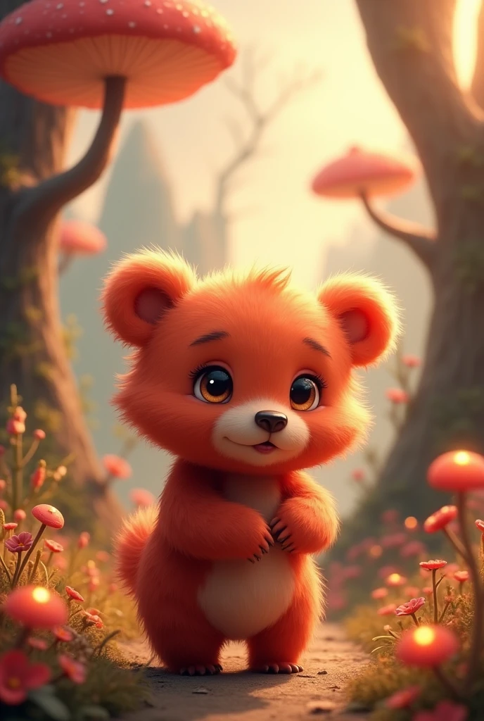 A little red bear with a fantasy feel。A fantastic atmosphere。