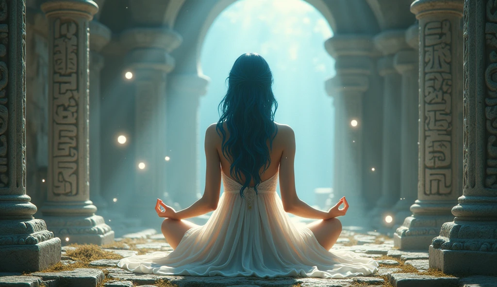 Setting: A celestial garden within ancient ruins, where a beautiful goddess sits in meditation amidst floating, glowing orbs and ancient symbols.
Description: The goddess has radiant, midnight-blue hair and wears an exquisite, translucent garment that highlights her curves. Her skin has a soft, ethereal glow, and she is surrounded by floating orbs of light and ancient runes etched into the ruins. The background features crumbling arches and columns, with beams of soft morning light filtering through, creating a mystical and calming environment. The scene exudes tranquility and divine grace, ideal for meditation and reflection. Aim for realistic depiction, make sure photos are at highest resolution (8K)