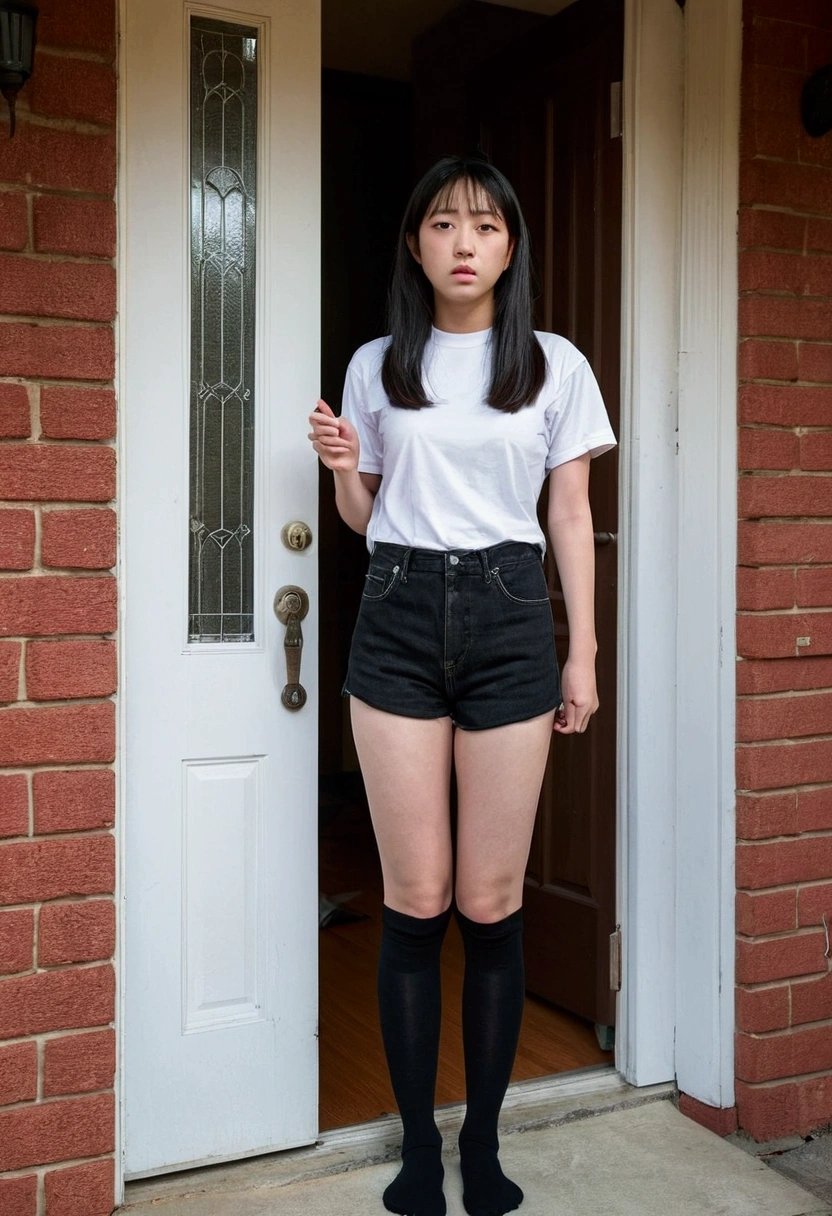 A female college student wearing black denim shorts and black socks is made to stand in front of a house door as punishment for violating curfew. Stay upright and motionless、I'm embarrassed Feeling shame