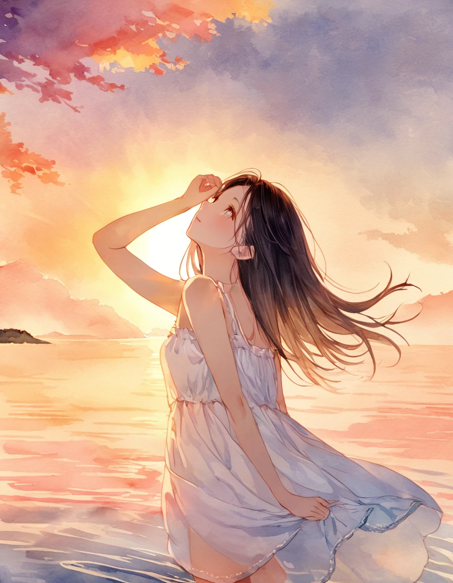 young woman in light summer dress sunset glow , warm evening light end of summer atomosphere , soft breeze , nostalgic mood , golden hour , high quality detailed The gesture of gently brushing back hair The neck feels cool Looking up at the sky at dusk Watercolor art that evokes the changing of the seasons It has a bit of the feel of a carefully layered ink painting. Elegant and sexy Late summer Japan Soft ink lines
