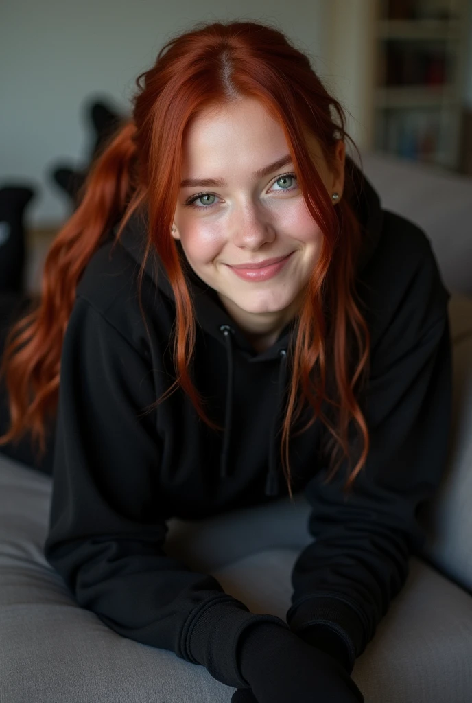 dark red hair、pulled back ponytail、teaing smile、 she wears a black hoodie.、black pantyhose、adult german woman、blue eyes、showing her black pantyhose、lying on a couch、young german woman、wide angle、 she has ocean blue eyes.、
