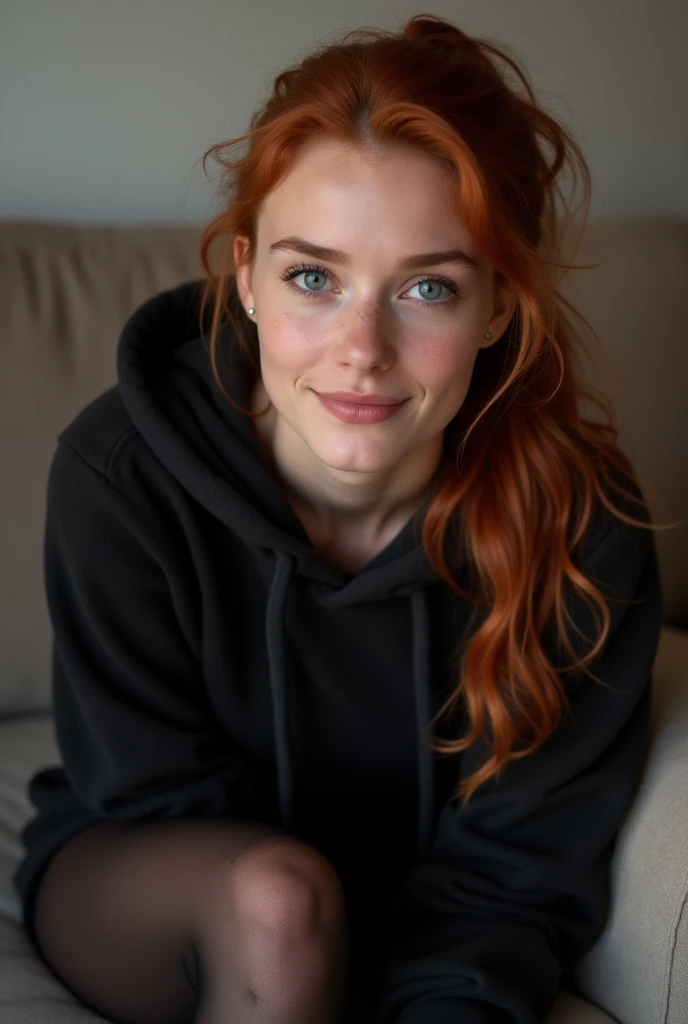 dark red hair、pulled back ponytail、teaing smile、 she wears a black hoodie.、black pantyhose、adult german woman、blue eyes、showing her black pantyhose、lying on a couch、young german woman、wide angle、 she has ocean blue eyes.、