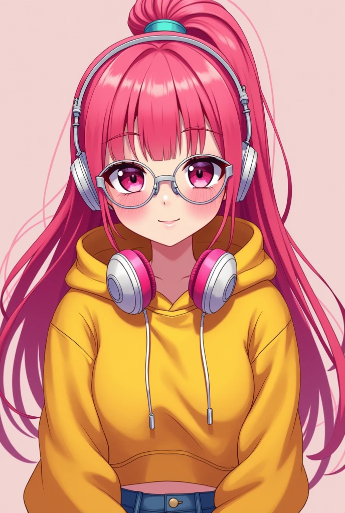 A retro girl (Cute:1.3 points), (Eighties:1.4 points), 90's style anime, Front view, First Person, pink eyes, long dark pink hair, ponytail, Yellow clothes, 90's fashion, hoodie, street wear ,Bust, Bangs, simple background, rose tinted glasses, headphones