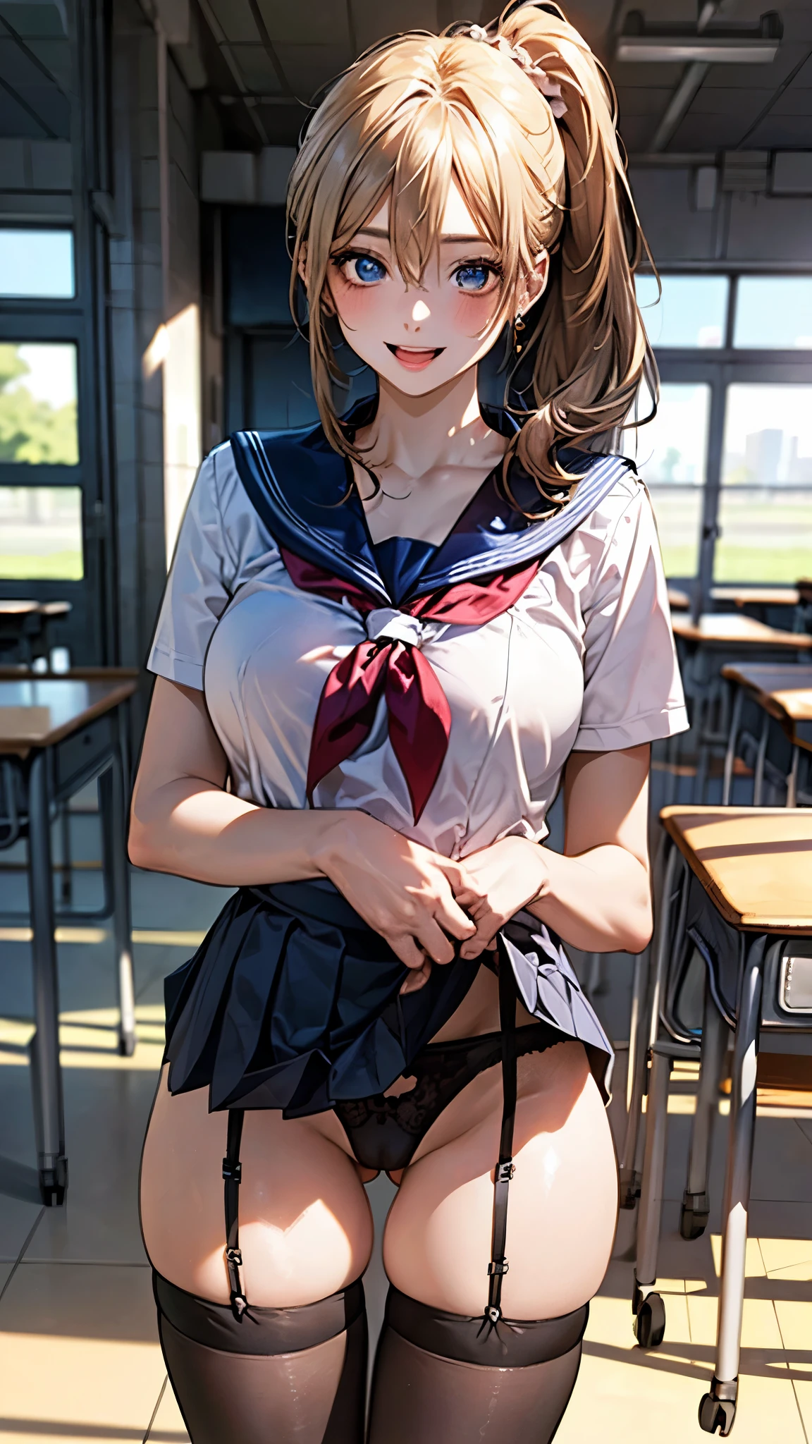 (masterpiece:1.2, top-quality), (realistic, photorealistic:1.4), beautiful illustration, (natural side lighting, movie lighting), depth of fields, nsfw,
beautiful detailed hair, beautiful detailed face, beautiful detailed eyes, beautiful clavicle, beautiful body, beautiful chest, beautiful thigh, beautiful legs,
looking at viewer, 1 girl, pretty girl, (perfect anatomy, perfect limbs, anatomically correct, super detailed skin), cute and symmetrical face, perfect face, perfect eyes,
(middle hair, side ponytail, blonde hair), hair between eyes, blue eyes, big eyes, long eye lasher, (large breasts, seductive thighs), perfect body, shiny skin, slender,
(navy sailor suit:1.2, navy pleated skirt:1.2, black stockings:1.1, black garter belt, brown loafer), panties,
(beautiful scenery), evening, (school classroom:1.2), standing, (ok sign), (lovely smile, upper eyes, open mouth),