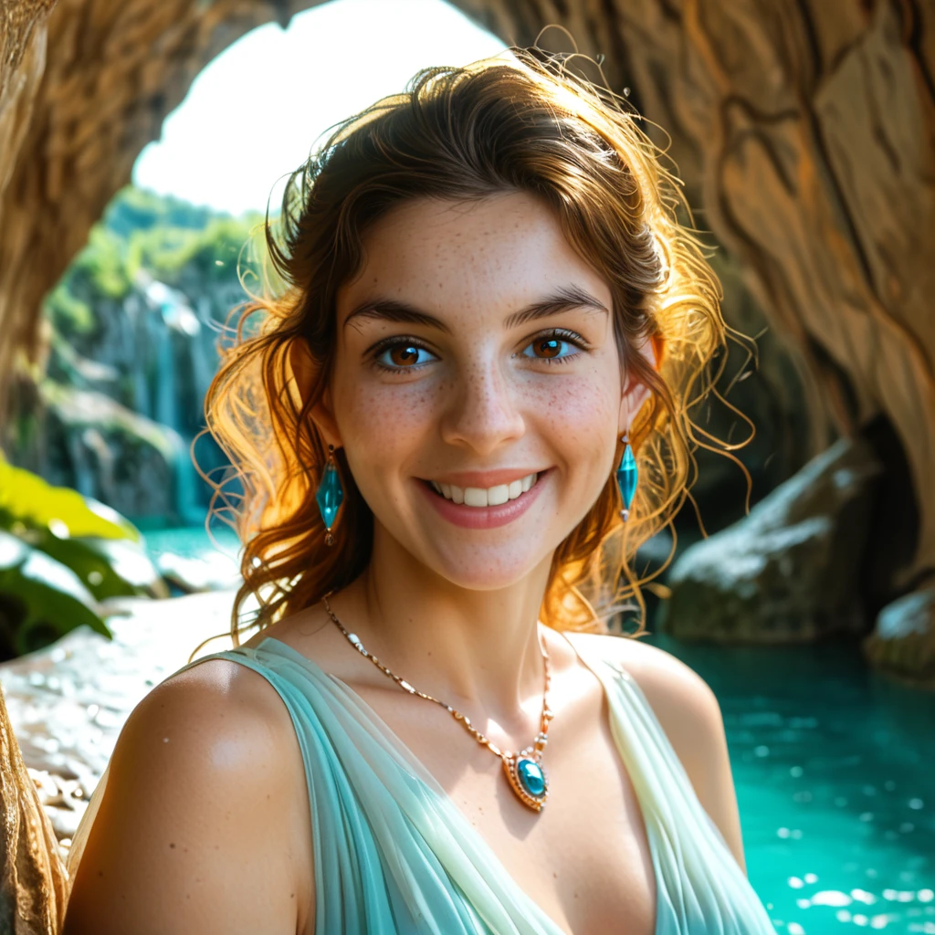 (GeGe:1.5), woman, brunette, brown eyes, freckles, safe_pos, score_9, score_8_up, score_7_up, 1girl, solo,(Best quality, 8k, 32k, Masterpiece, UHD:1.2) water nymph welcomes you to her private cavern, deep underground, subterranean, jewelry, clothed, sfw, atlantis, warm light, bioluminescent, smile