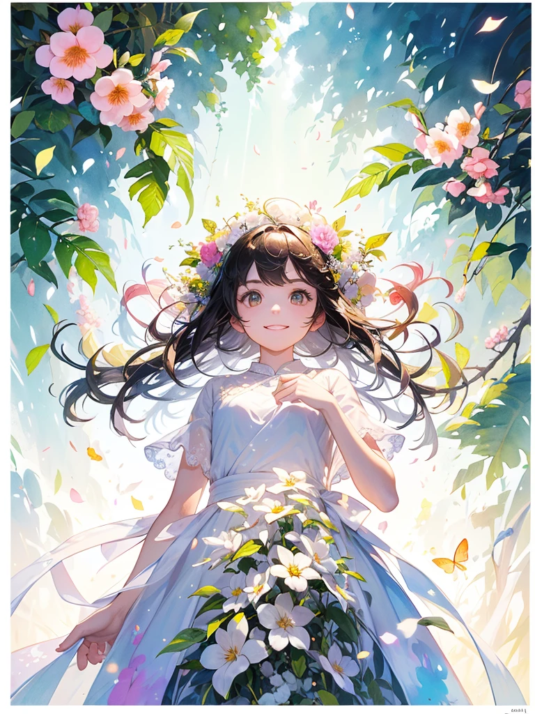 (masterpiece、Highest quality、Highest quality、Beautiful and beautiful:1.2)、Excellent anatomy、(Watercolor painting 1.5)、Composition looking up from a low position、Long Shot、Straight short hair picture、Beautiful smile、Butterfly fairy costume、Pure white、Pure、charm、Looking into the camera、Colorful flowers, Flowers and leaves green wind、Botanical Art, Mr.々A pose
