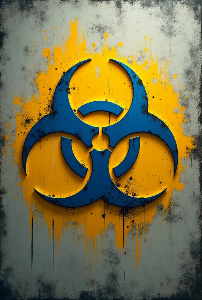 crea un logo con este símbolo☣️ azul y amarillo
con estilo deteriorado
y sucio