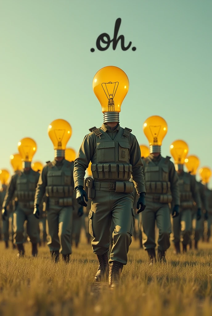Create an image with a bunch of people dressed like vests and soles, They are armed in a war position and even have shields, There must be at least 10 in the image, army style pants and boots, They're in an open field, They are people, but their heads are like light bulbs instead of oval-shaped light bulbs like those old yellow light bulbs., similar to the image you generated. And in the sky there is a text written in Portuguese "Oh"