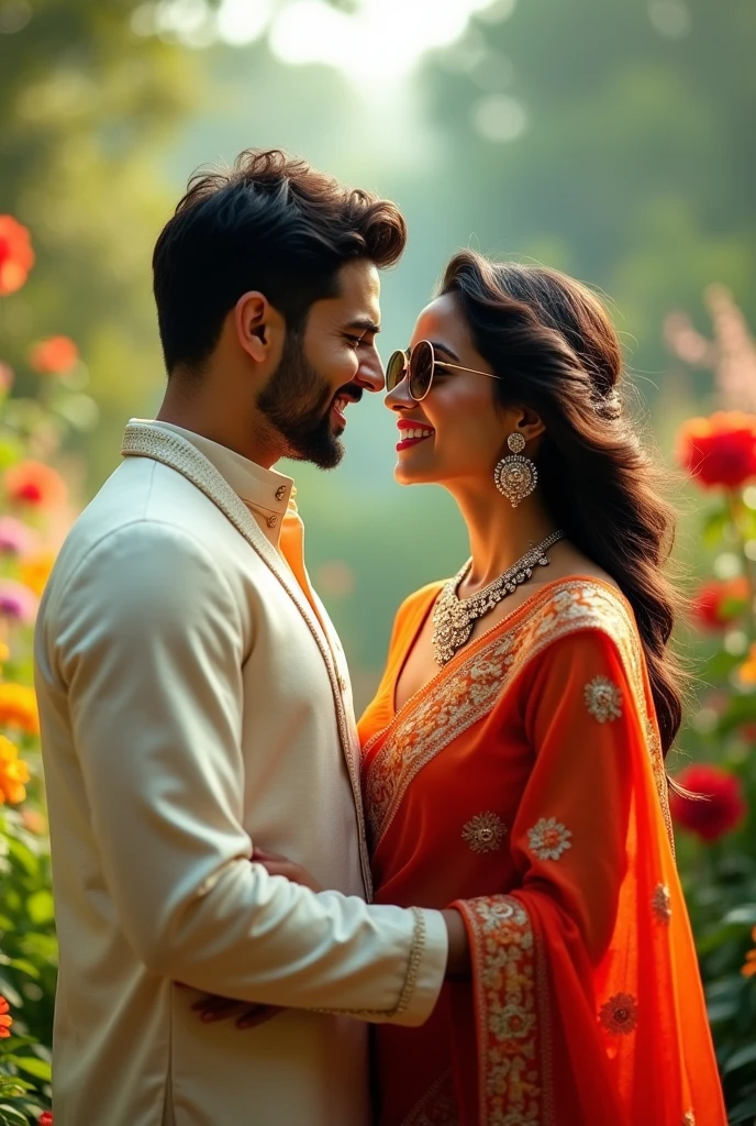  cute, beautiful couple is in a romantic pose in beautiful nature. The girl has a flower design on her dress and is wearing two sunglasses.thry are looking so pretty,cute,Indian, smiling,necklace, beautiful flowers in back. high quality 4k pictures full blaring background