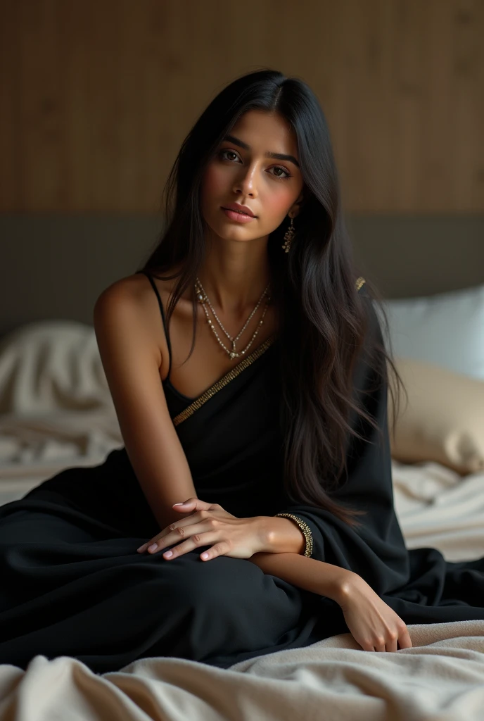 (photorealism:1.2), beautiful Indian woman, sitting on bed,black saree , straight hair ,relaxed pose, realistic, intricate detailed