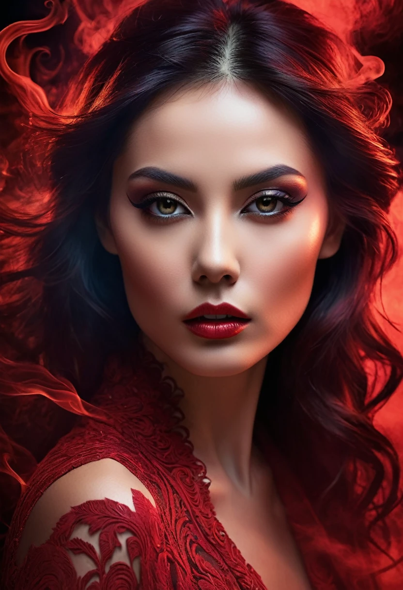 A majestic work of art, a woman, intricately detailed, with an intense, piercing gaze emanating from her singular, striking eye, set against a backdrop of ethereal, swirling red smoke that appears to shift and undulate as if alive, illuminated by a cinematic lighting scheme that casts dramatic, high-contrast shadows and highlights, evoking a sense of mystery and the otherworldly, with each element expertly rendered in exquisite, high-definition detail, exuding a sense of artistic mastery and visual sophistication.
