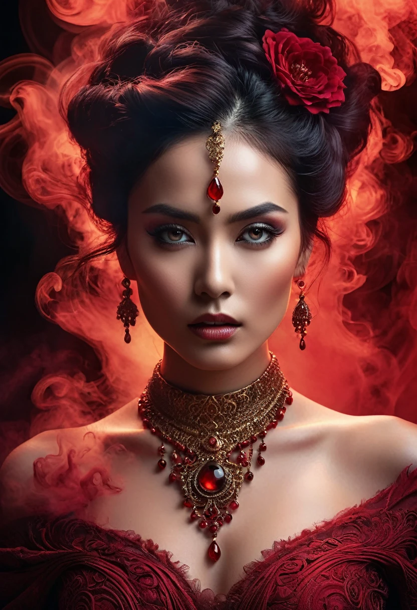 A majestic work of art, a woman, intricately detailed, with an intense, piercing gaze emanating from her singular, striking eye, set against a backdrop of ethereal, swirling red smoke that appears to shift and undulate as if alive, illuminated by a cinematic lighting scheme that casts dramatic, high-contrast shadows and highlights, evoking a sense of mystery and the otherworldly, with each element expertly rendered in exquisite, high-definition detail, exuding a sense of artistic mastery and visual sophistication.
