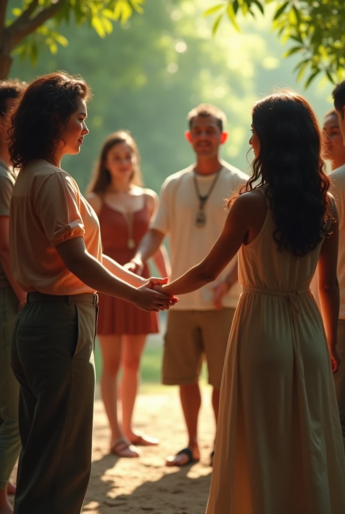 group of people holding a chain forming a circle