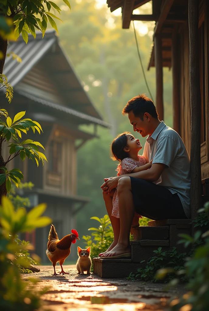 (Photorealism 1.2) high detailed definition cinematic cinematography Malay  father 40 years old and 2 years daughter   sit at stairsfront of the old wood brown rusty house looking outside smile towards eachother morning mode malay Kampong background cats and chicken rooster wet floor