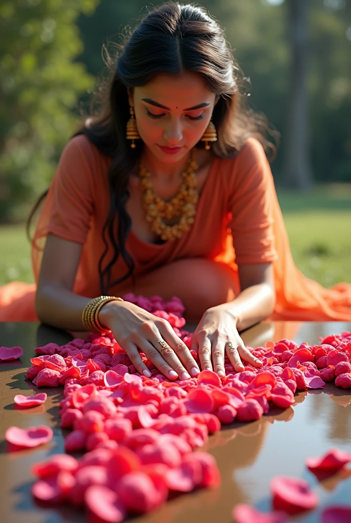 Indian A beautiful girl made a map of India with roses in the road 