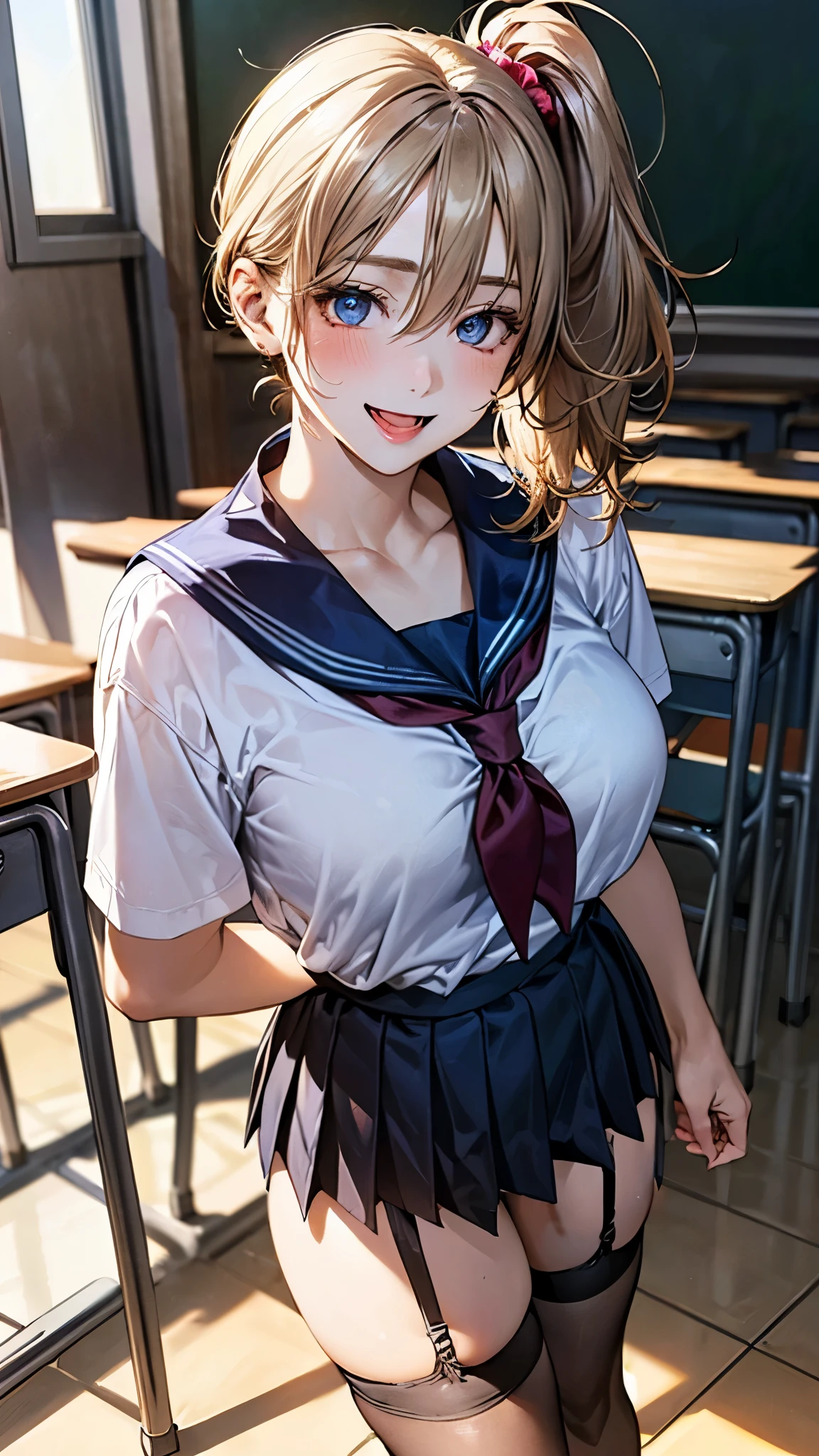 (masterpiece:1.2, top-quality), (realistic, photorealistic:1.4), beautiful illustration, (natural side lighting, movie lighting), depth of fields, nsfw,
beautiful detailed hair, beautiful detailed face, beautiful detailed eyes, beautiful clavicle, beautiful body, beautiful chest, beautiful thigh, beautiful legs,
looking at viewer, 1 girl, pretty girl, (perfect anatomy, perfect limbs, anatomically correct, super detailed skin), cute and symmetrical face, perfect face, perfect eyes,
(middle hair, side ponytail, blonde hair), hair between eyes, blue eyes, big eyes, long eye lasher, (large breasts, seductive thighs), perfect body, shiny skin, slender,
(navy sailor suit:1.2, navy pleated skirt, black stockings, black garter belt, brown loafer), panties,
(beautiful scenery), evening, (school classroom:1.2), standing, (ok sign), (lovely smile, upper eyes, open mouth),