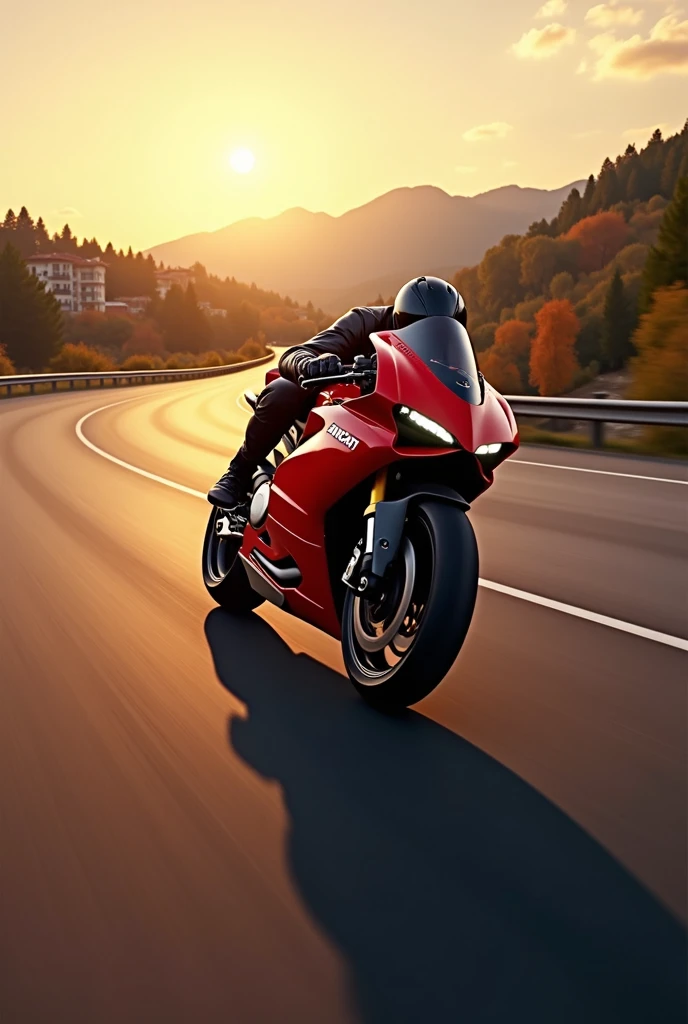 Red Ducati Panigale at very high speed on the Italian highway at sunset
