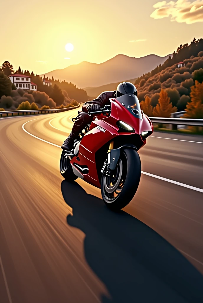 Red Ducati Panigale at very high speed on the Italian highway at sunset