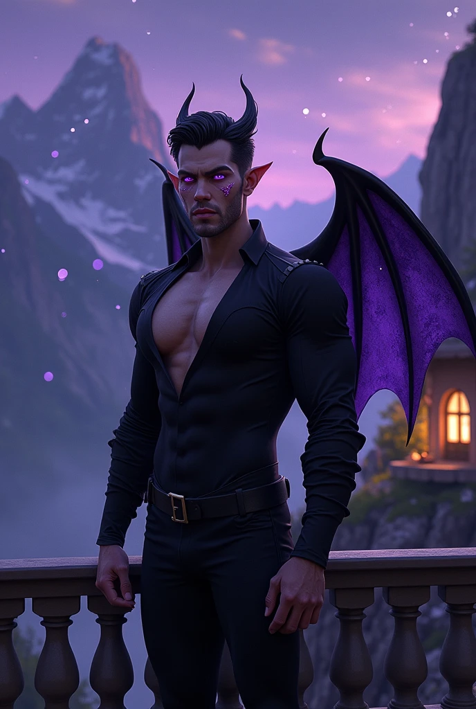 A picture of an extremely handsome man, with purple eyes, full lips, masculine, muscular, marked jaw, with pointy ears and bat wings, black dress, On a balcony, purple night, star showers and a background similar to the mountains of Switzerland, glowing home light, with sparkles on the face