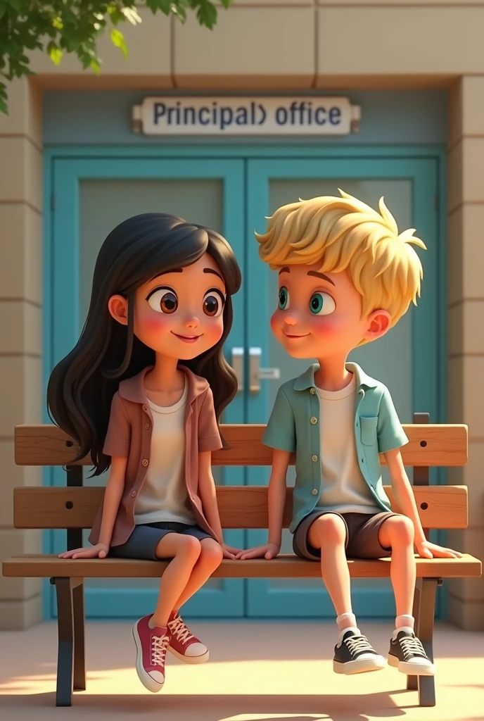A girl with black hair, Dora bangs légèrement frisé and brown eyes sits on a bench in front of a principal's office with a blond boy, turquoise eyes. They are young universitaire. And they are not très proche. Beautiful version but 2D pixar
