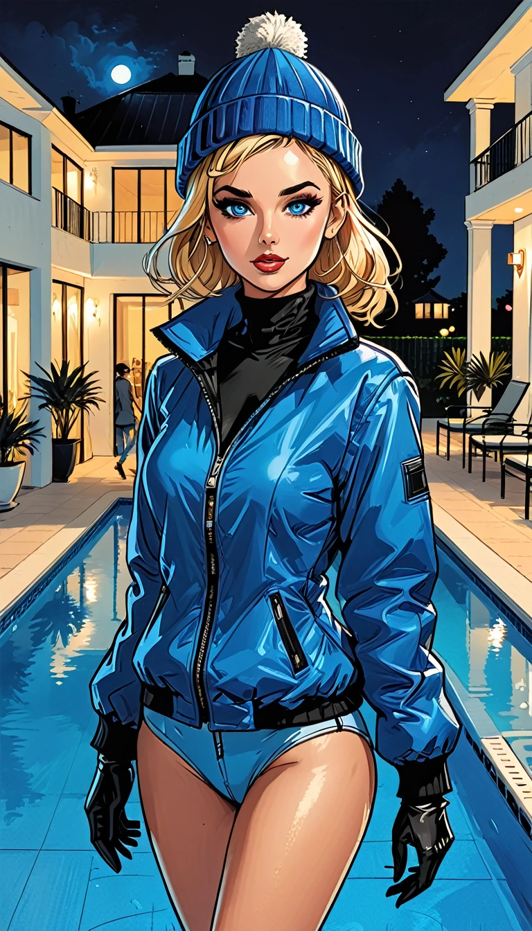 night, open mouth, dark, dark atmosphere,  ((girl in Blue zipped up down winter jacket and black turtleneck )) and (jeans) and blue gloves and (((blue winter hat)))) walking next to the pool at the white hotel, white hotel, pool, adult, [Nordic], Hourglass elongated fitness body, perfect Olive skin, Oval Face, Long neck, Rounded shoulders, perfect hand, Attached Pointed ears, round forehead, (Short blonde Waves pixie hair), snub nose, Arched eyebrows, ((Monolid blue Eyes)), High Round Narrow cheekbones, Dimpled Cheeks, Rounded Chin, Rounded Jawline, Full nude Lips, (blue eyes), Nude Makeup Look, long eyelashes,  long slim fitness legs, graphic style of novel comics, perfect hands, 2d, 8k, hyperrealism, masterpiece, high resolution, best quality, ultra-detailed, super realistic, Hyperrealistic art, high-quality, ultra high res, highest detailed, lot of details, Extremely high-resolution details, incredibly lifelike, colourful, soft cinematic light,