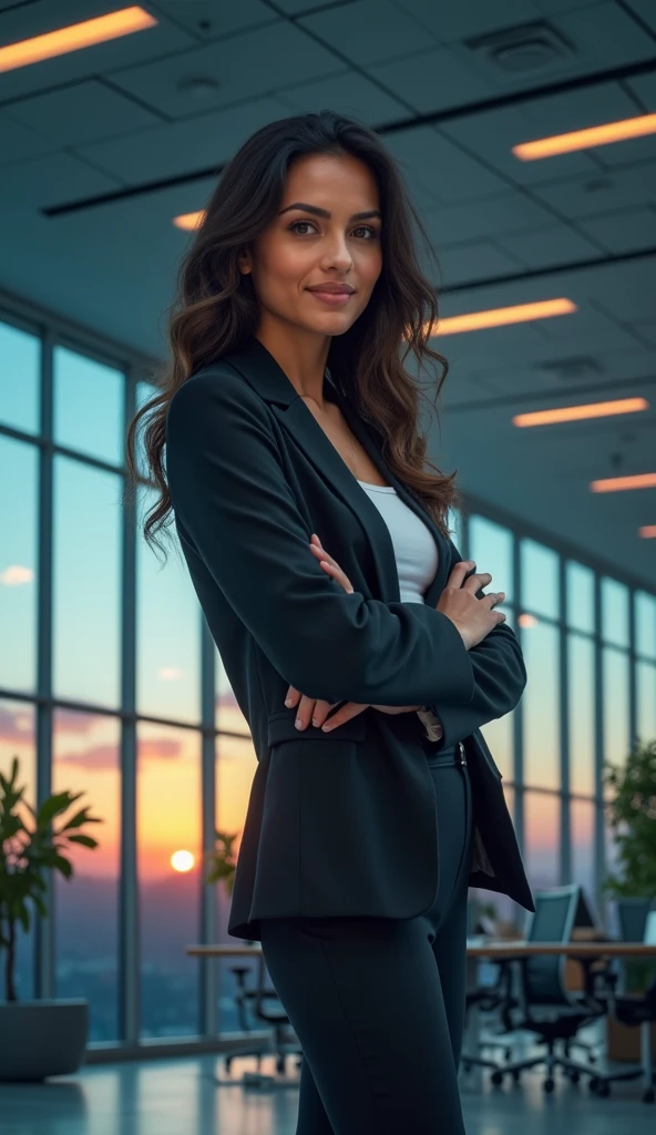 photo of ideal office with employees lots of greenery, beautiful girls, Floor-to-ceiling windows, view of beautiful sunrise feeling of highly effective team