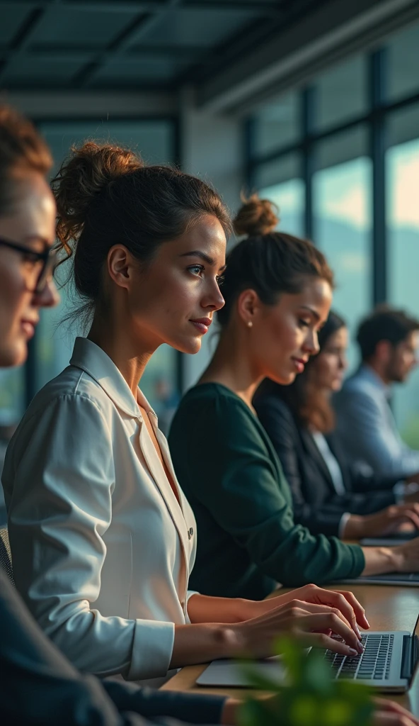 photo of ideal office with employees lots of greenery, beautiful girls, Floor-to-ceiling windows, view of beautiful sunrise feeling of highly effective team