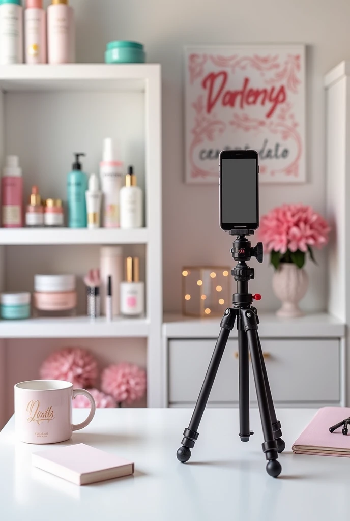 I want a computer wallpaper that shows a tripod with a phone recording from behind. In the background, There should be a white shelf with three levels: the first with hair products, the second one with makeup, and the third with skincare products. I want the name 'Darlenys' to appear in pink with white, along with the phrase 'Content Creator'