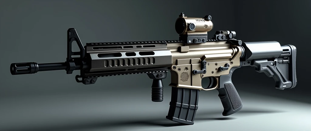A highly detailed, photorealistic, 8K photograph of a custom-modified modern assault rifle, studio lighting, hyperrealistic, masterful lighting and shading, cinematic composition, intricate textures, premium quality