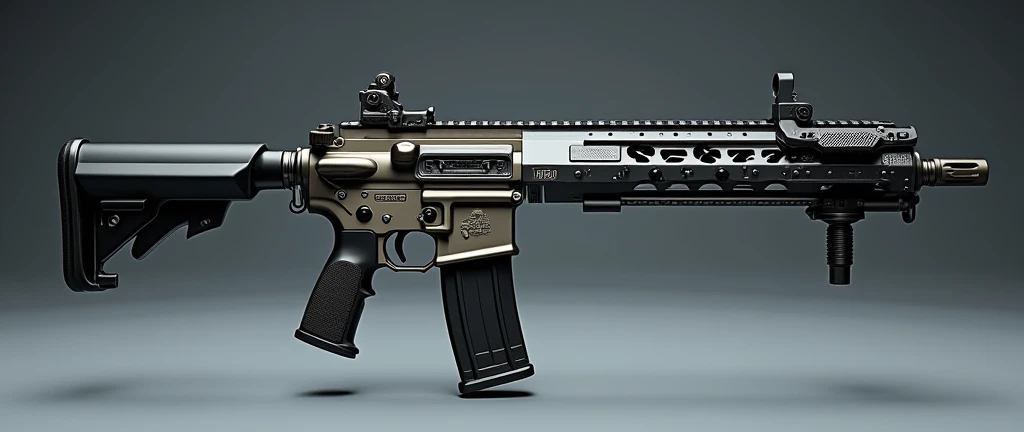A highly detailed, photorealistic, 8K photograph of a custom-modified modern assault rifle, studio lighting, hyperrealistic, masterful lighting and shading, cinematic composition, intricate textures, premium quality