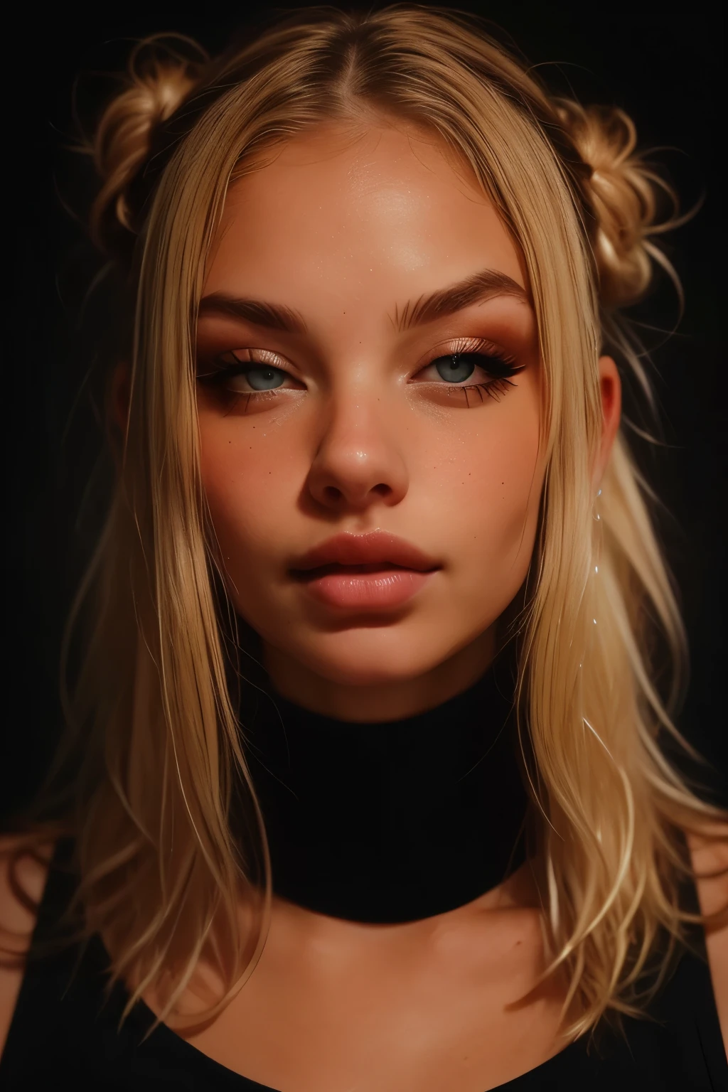 high resolution eye contact of blonde woman with bun hair and dark theme