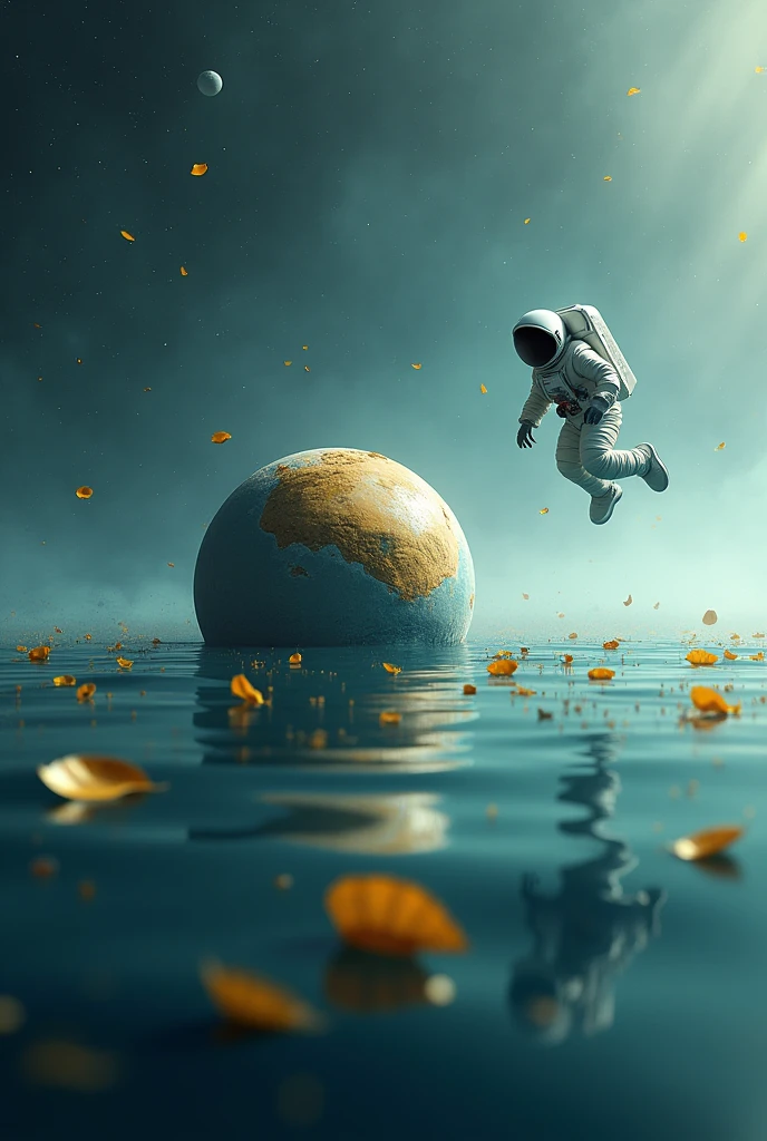 a planet half pour into water and surroinding of this planet small yellow lwaes floating on water surface and astronout was flying like in space make his background like space and astronout was flying on the top right side of planet and moves planet towards