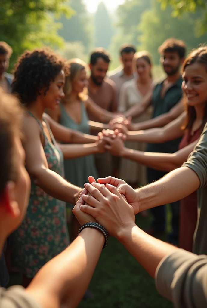 group of people holding a chain forming a circle 