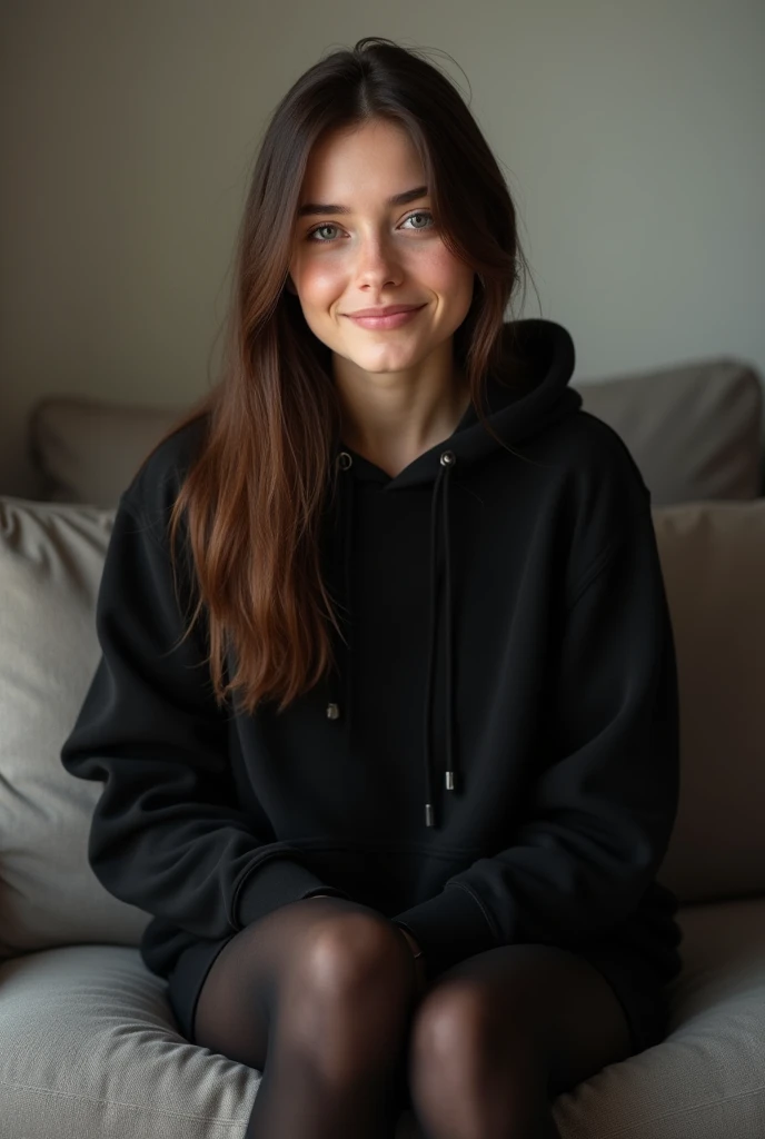dark brown hair、straight hair、full body 、teaing smile、 she wears a black hoodie.、black pantyhose、adult german woman、blue eyes、showing her legs 、lying  on a couch、young german woman、wide angle、 she has  blue eyes.、