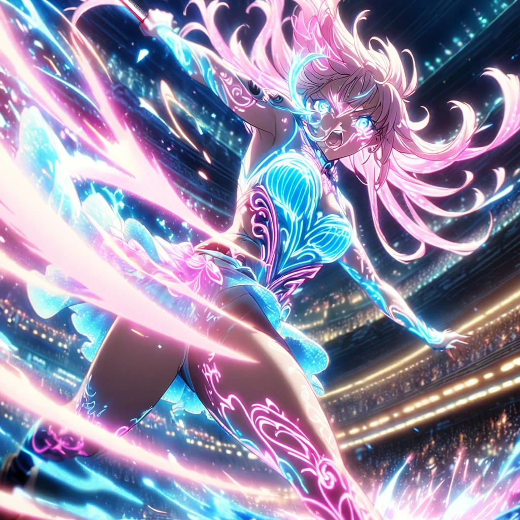 Action scenes,battle,Anime Screenshots、 Artistic anime illustration of a woman adorned with glowing neon magic tattoos all over her body and face。 The tattoos on his arms and legs are a mix of pink, blue and white runes.、It emits a neon light。 She has long, flowing hair.、、 This scene has a dreamy soft focus effect.、 It emphasizes the dreamy glow of the tattoo.、front,Slashing,neon,fighting,sppining