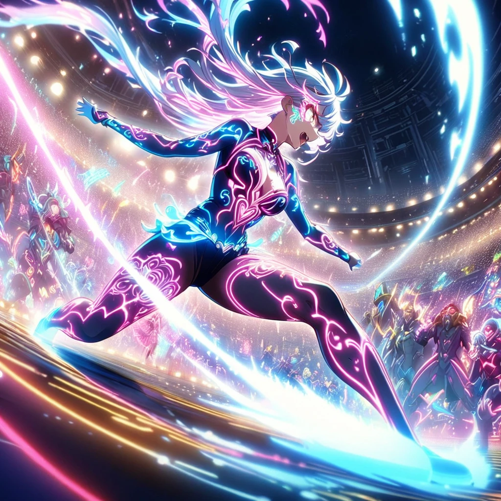 Action scenes,battle,Anime Screenshots、 Artistic anime illustration of a woman adorned with glowing neon magic tattoos all over her body and face。 The tattoos on his arms and legs are a mix of pink, blue and white runes.、It emits a neon light。 She has long, flowing hair.、、 This scene has a dreamy soft focus effect.、 It emphasizes the dreamy glow of the tattoo.、front,Slashing,neon,fighting,sppining