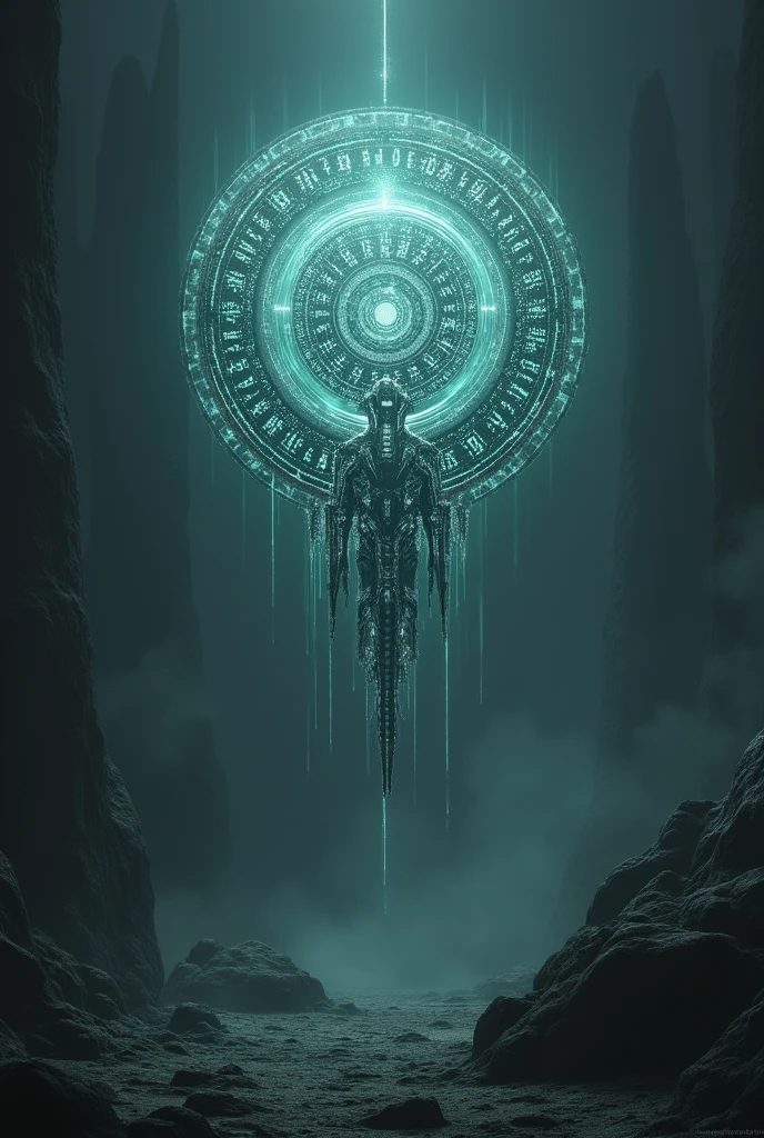 Illustrate a strange, glowing object with an otherworldly design, such as a mysterious, hovering relic with intricate alien symbols and pulsating light. The artifact should appear to be made of an unknown metal or crystal, radiating a soft, eerie glow. The background could be a dark, alien landscape or a futuristic laboratory, adding to the sense of mystery.