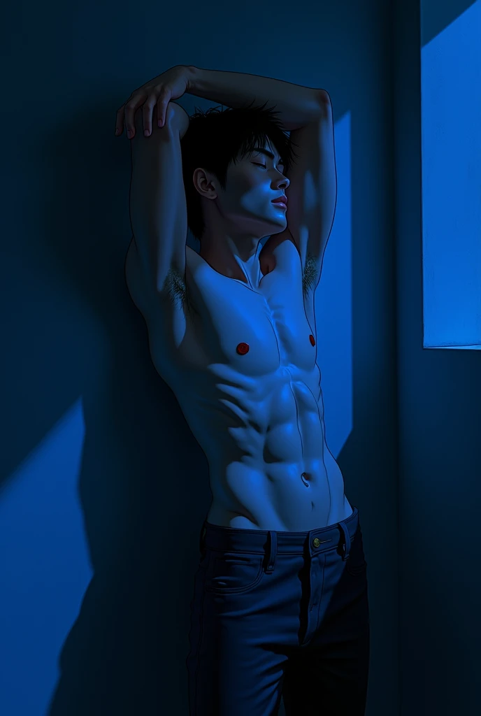 Create an intense, evocative portrait in the Japanese retro anime style of the 80s and 90s. The scene features a male bathed in deep blue light, leaning against a wall with her arms raised, eyes closed in a moment of raw emotion. Her attire is minimal, accentuating the curves of her body and the dramatic shadows cast by the lighting. The background is stark, with sharp contrasts highlighting the contours of her form. The blue and black palette intensifies the mood, evoking a sense of mystery and allure. Subtle film grain and meticulous shading add depth and texture, emphasizing the emotional gravity of the scene. The lighting creates a chiaroscuro effect, accentuating her expressive pose and the intense atmosphere.