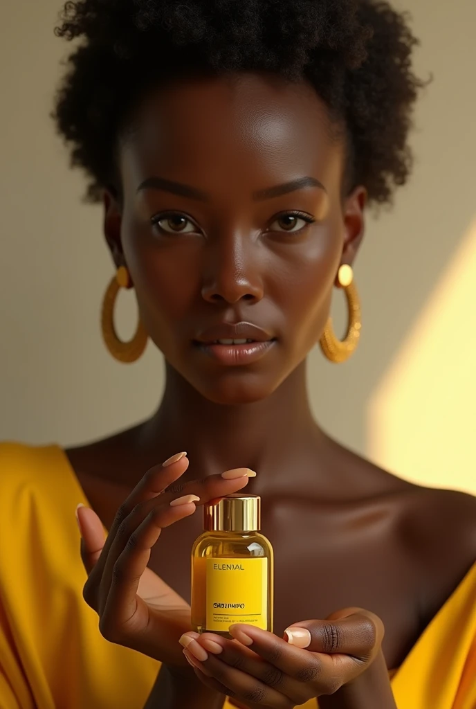 Une femme très belle et noire africaine. qui tient un sérum de couleur jaune avec une étiquette jaune