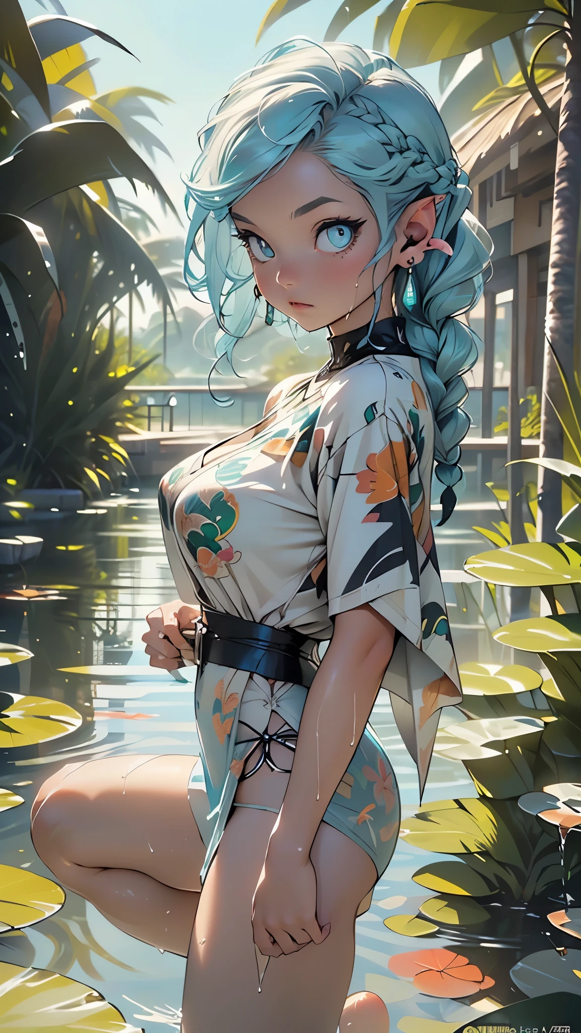 (quality)), ((masterpiece)), Recommended results、puffy nipples、(see through:1.5)、straighten your back、abdominal muscles、huge bust、angle to floor:1.2、Low photographic angle、Hair loss on crotch,Hatsune Miku,(girl),charming姿态),(big breasts:1.4),Breast sagging,,Colored inner hair,short hair,))),, Manipulator:1.5)),((silver armor dress,),((:1.5,Body:1.5,metal skin,Mechanical joint: 1.4,mechanical limbs)),(((pale nipples,(fat)),(((skin shiny:1.5,bright skin: 1.5,skin shiny,very skin shiny,plastic glitter skin)),(lower abdomen,Yao Liu,wide hips,detailed Body,(Detailed face)),charming,debauchery,Tempting,Delicate metal decoration,sleeveless,cheongsam,,cute round face,kung fu snake,Beside the lotus pond