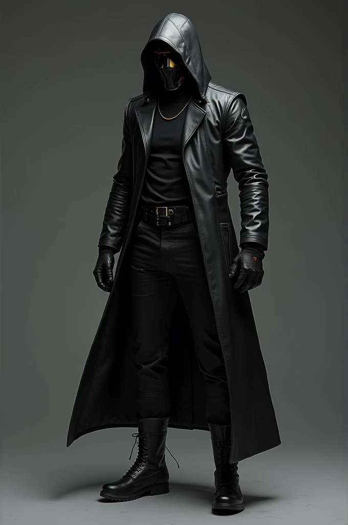 **Black leather long coat:** Wade wears a long black leather coat that falls to his boots.. The coat, tight to the body, It is designed to protect you from the cold and the elements, but it also has an intimidating air. The interior lining is equipped with hidden compartments where you can store small weapons or technology devices..

- **Tactical Visor Mask:** To hide your identity and protect yourself from any harmful gases or substances, Wade wears a black mask with a tactical visor that covers his entire face.. The viewfinder has advanced technology that allows you to see in the dark and detect movements, reinforcing his image as a hunter in the shadows. The mask also hides his white eye., giving it an even more enigmatic and terrifying appearance.

- **Light Body Armor:** under the coat, Wade wears light but sturdy body armor, made of materials such as kevlar and carbon, which protects him in case of direct confrontations. The armor is flexible, allowing you to move with agility, but tough enough to stop bullets or knives.

- **combat gloves:** His hands are covered by black leather combat gloves., with metal reinforcements on the knuckles, allowing him to deal additional damage in melee combat. The gloves also have touch sensors that allow you to manipulate your technological devices without having to take them off..

- **military boots:** Wade wears black military boots, Water resistant and with non-slip soles, Ideal for moving on any terrain. 
