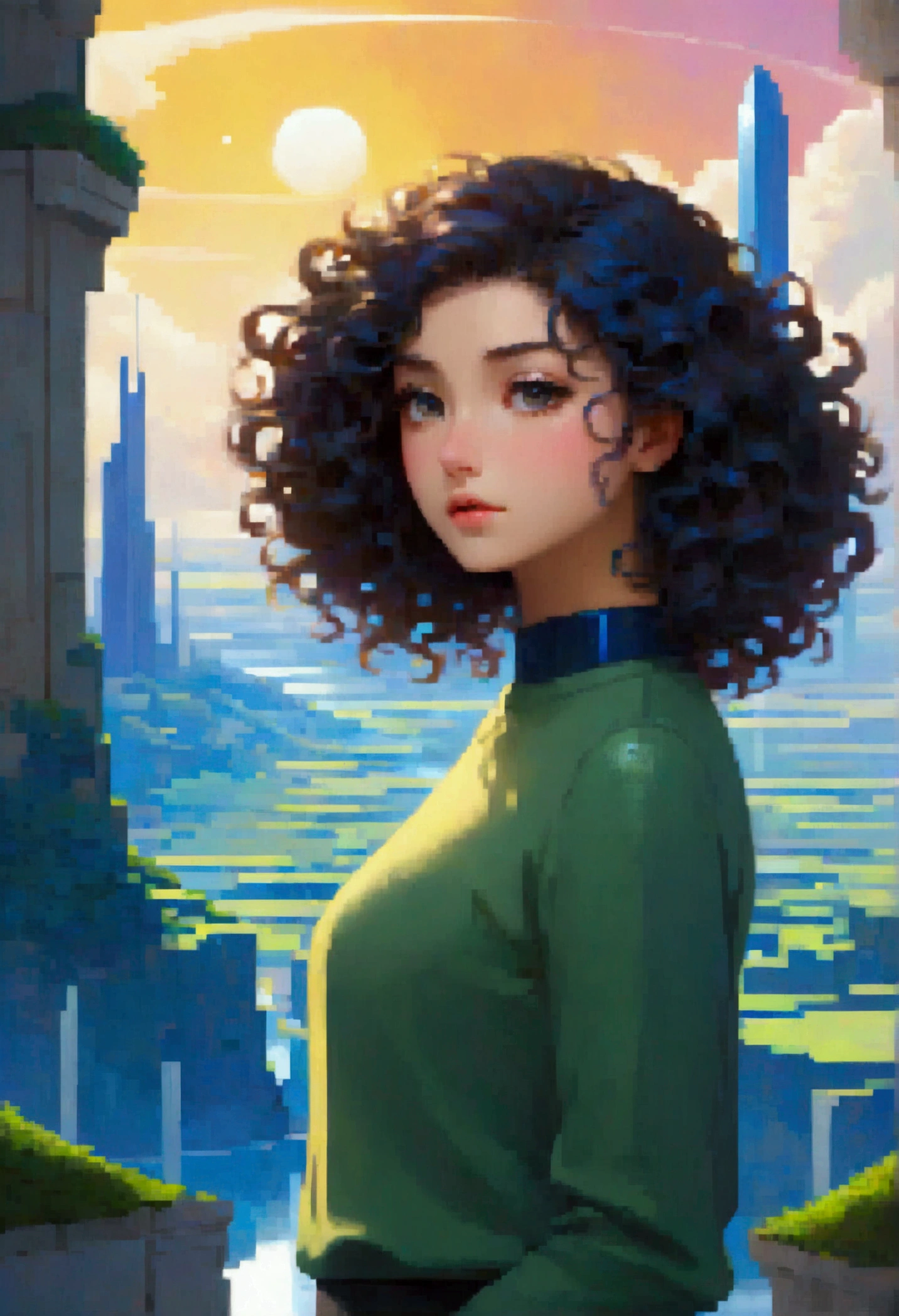 A woman and curly hair . Ela se inspira na personagem Jill Stingray, with a look of determination and curiosity. She is wearing a loose sweater., which can be black or dark blue, with a modern and elegant design. The blouse, made of comfortable fabric, contrasts with the environment around it. 

She has her hands in her blouse pockets, giving an air of relaxation and introspection. The scenery in the background is a utopian landscape, vast and inspiring, with a horizon that stretches infinitely. The environment is full of vibrant colors and futuristic architectural forms., suggesting an ideal and harmonious world. The young woman observes the immensity with a mixture of admiration and contemplation., absorbing the beauty and tranquility that the place offers.