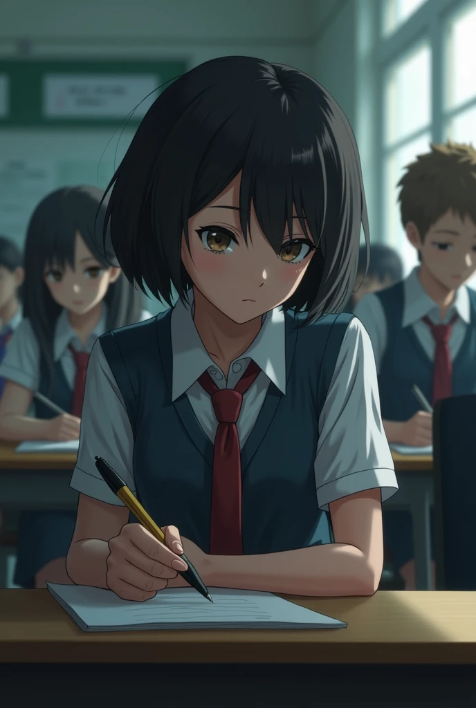 Short black haired teenage girl in school uniform sad and distant from her friends. with class background 